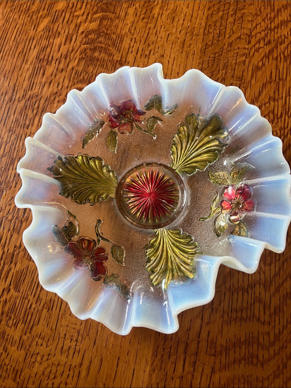 Decorative Opalescent Floral Glass Bowl - White with Red & Gold Accents